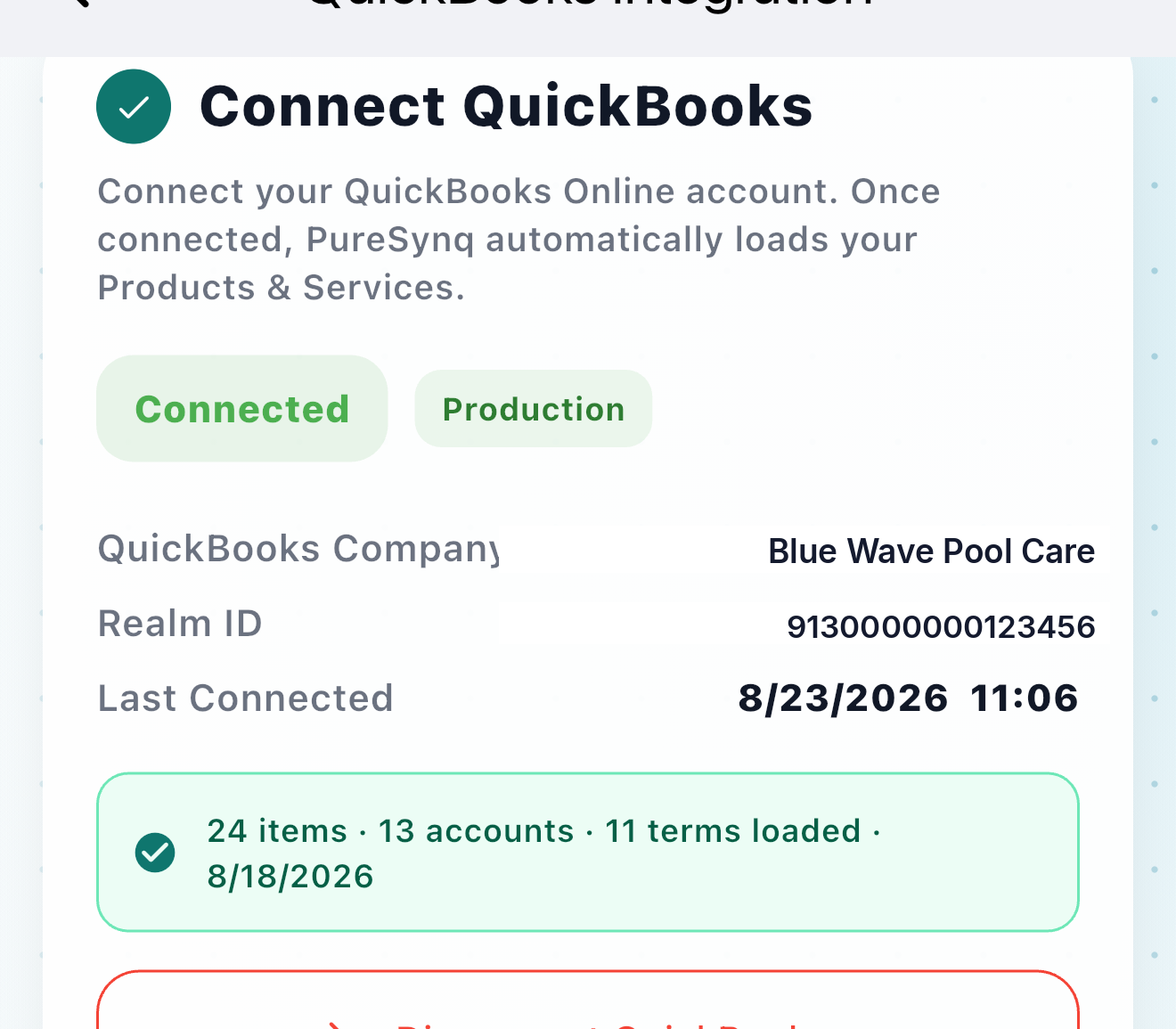 QuickBooks connected status