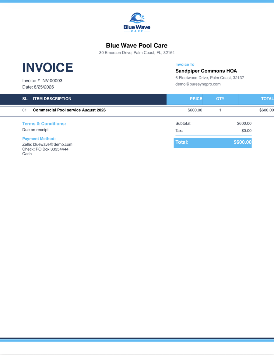 An invoice created from a completed service, with the company's own logo
