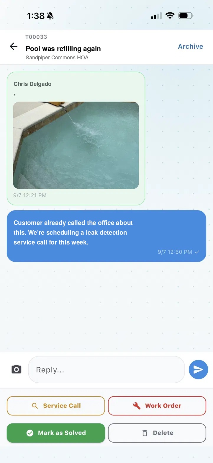 A case thread with a photo, and one-tap Service Call or Work Order