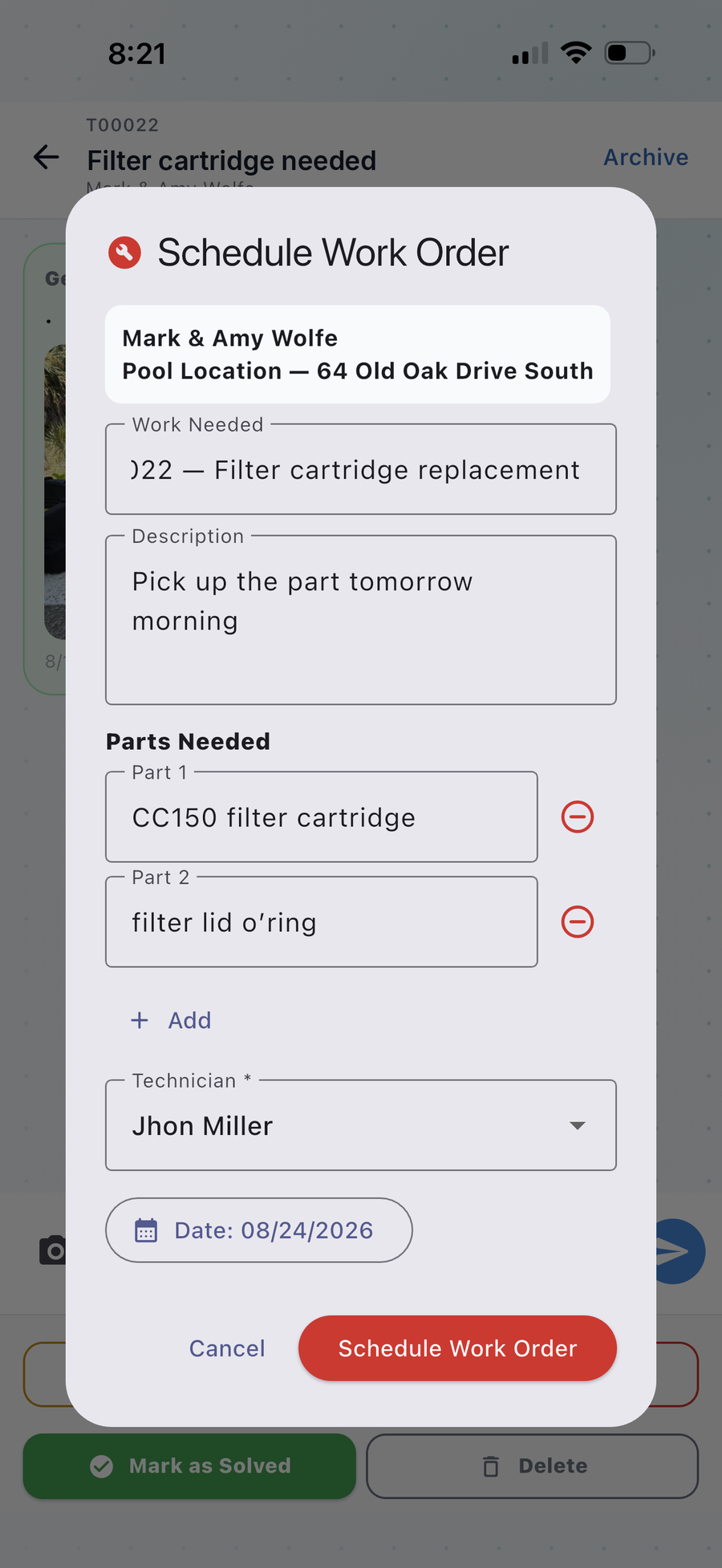 Schedule work order — parts, technician and date