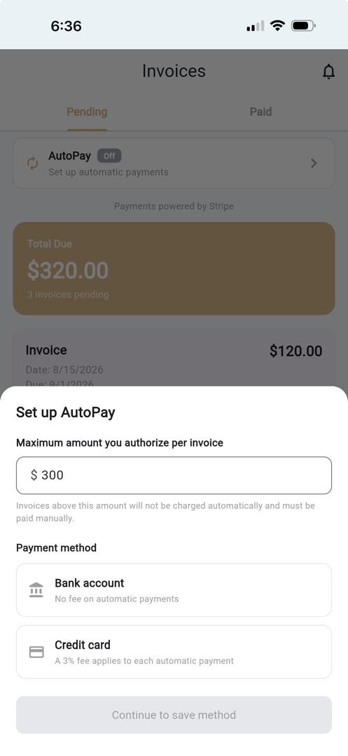 Set up AutoPay — bank or card