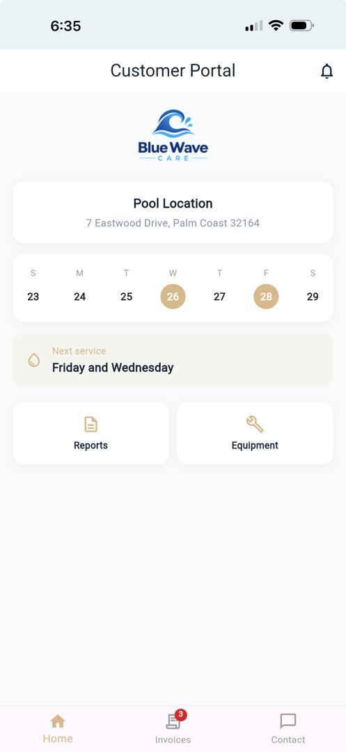 Customer portal home with the company's logo and next service