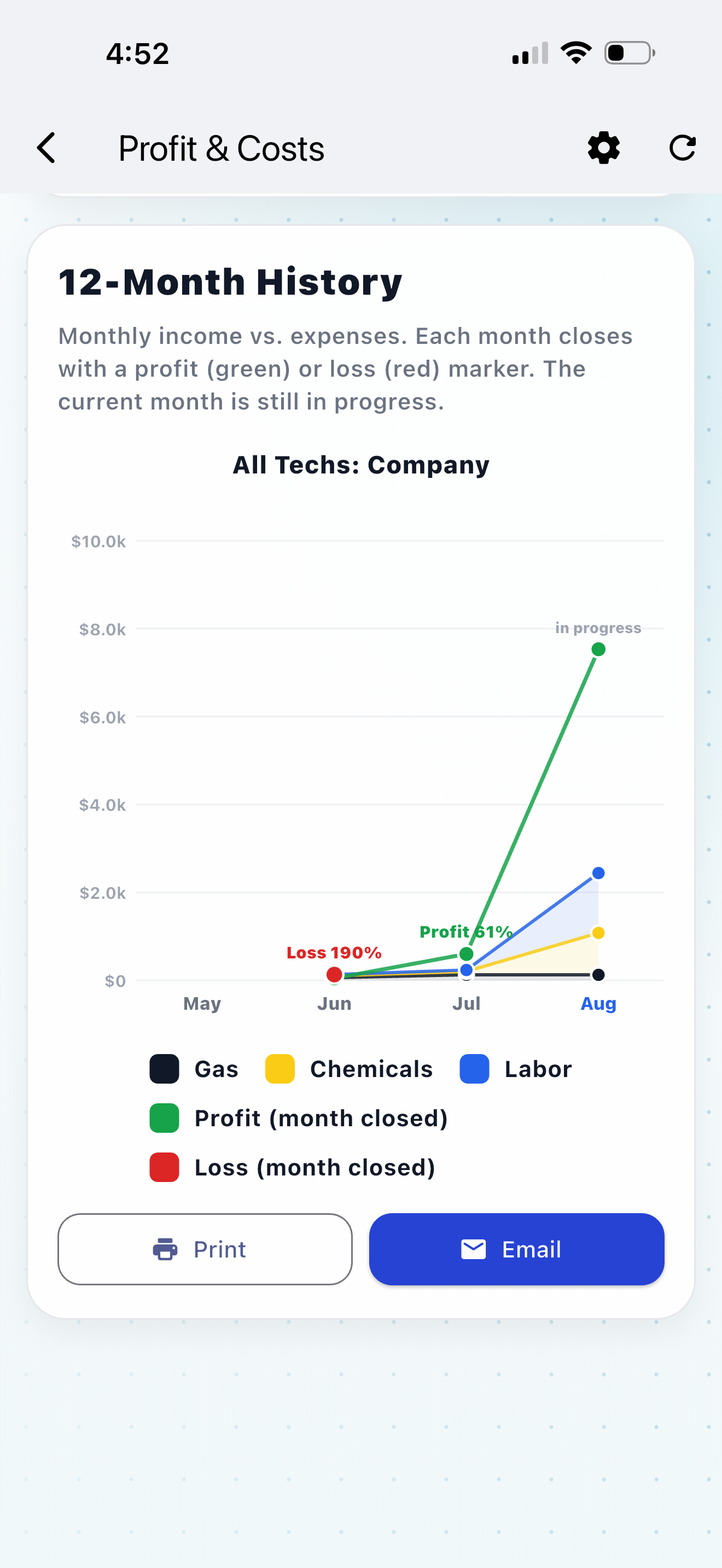 Twelve-month history: income, expenses and each month closing in profit or loss