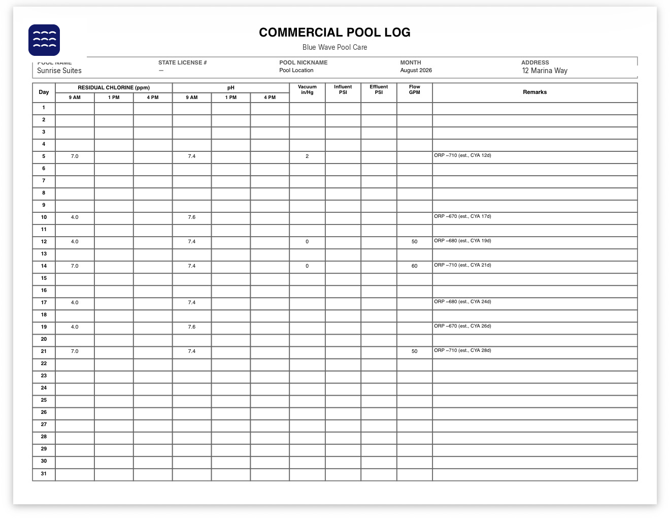 Printable commercial pool log